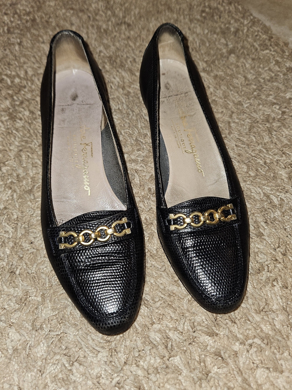Salvatore Ferragamo Black Leather Chain-Trim Loafers